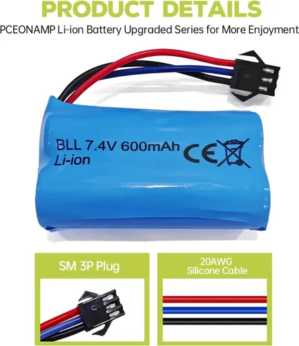 Vista 5 de 2 unids 7.4 V 600 mAh 2S batería de iones de litio con enchufe SM-3P con 2 unids cable de carga USB para DE82 TK3086B G20601 RC juguete RC coche