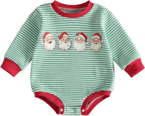 Vista 9 de MERSARIPHY Ropa de Navidad para bebé, sudadera para bebé, niño, niña, mameluco de Papá Noel para bebé, trajes de otoño e invierno Waffle