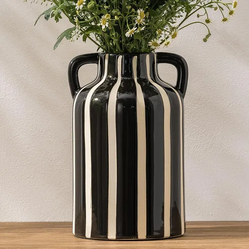 Vista 11 de Jarrón de cerámica azul y blanco con rayas a cuadros con asas, jarrones azul marino florales bohemios modernos para centros de mesa, decoración