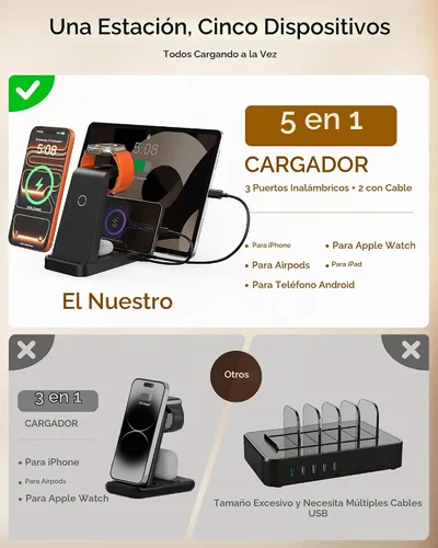 Vista 2 de Cargador inalámbrico para iPhone - Estación de carga 5 en 1 para múltiples dispositivos Apple: Soporte de carga rápida inalámbrica para iPhone 17