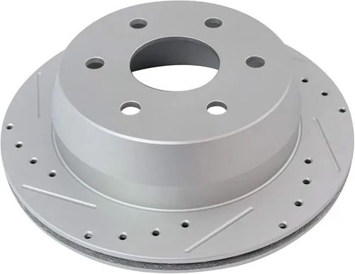 Vista 4 de TRQ Kit de pastillas de freno trasero y rotor de cerámica con revestimiento en G de alta calidad, ranurado X perforado, compatible con 02 Cadillac