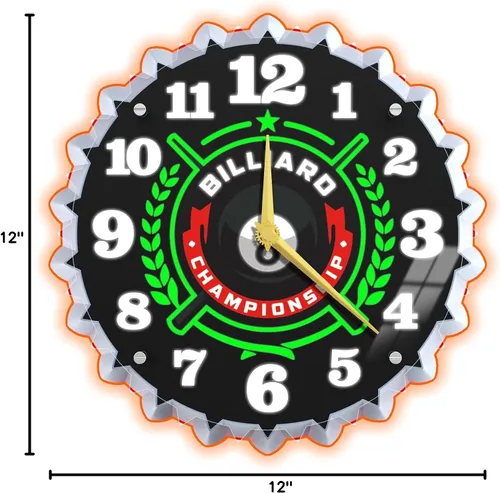 Vista 8 de Reloj de pared de neón, 12 pulgadas con gráficos de billar 8 bolas de billar, impresionante efecto de brillo 3D, silencioso sin tictac, para sala