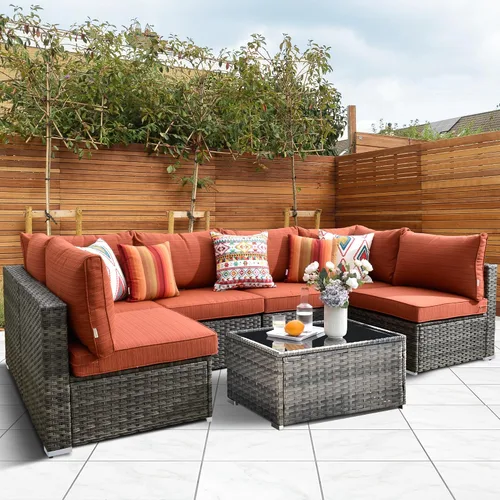 Vista 43 de HOOOWOOO Juego de sofá modular para patio al aire libre, 7 piezas en forma de U, juego de sofá de mimbre rústico para 6 personas, juego de Beige