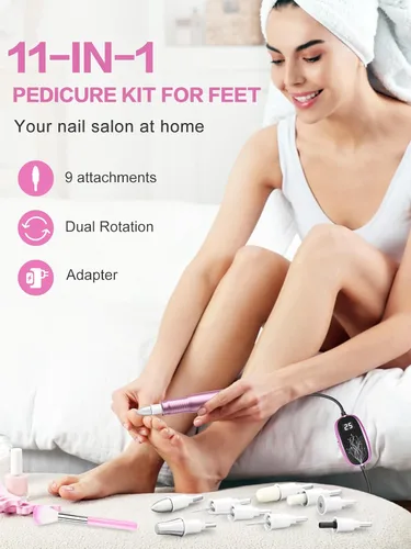 Vista 8 de Subay Kit profesional de manicura y pedicura, juego de taladro eléctrico para uñas con pantalla LED, 25000 RPM, 11 accesorios más 20 bandas