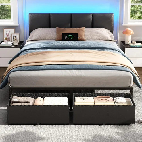 Vista 11 de Base de cama tamaño matrimonial con cabecera tapizada de poliuretano y 2 cajones Metal Platform Bed with Charging Station, LED Light and Fabric