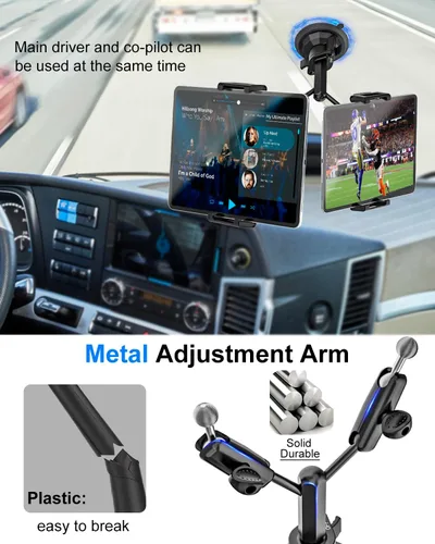 Vista 3 de Soporte doble resistente para tableta para coche/camión [brazo de metal] parabrisas de tablero de instrumentos de doble montaje para soporte