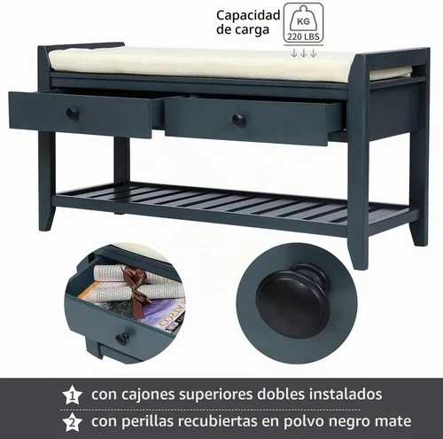 Vista 6 de Harper & Bright Designs TREXM Zapatero con asiento acolchado y cajones, banco de almacenamiento multiusos para entrada (azul marino)