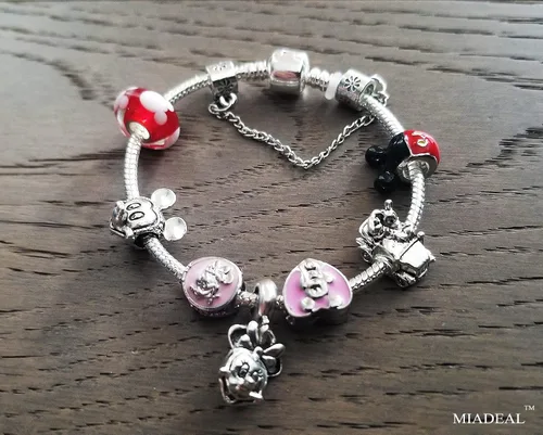 Vista 3 de MIADEAL Pulsera con dijes de Mickey & Minnie Mouse, compatible con Pandora, rosa