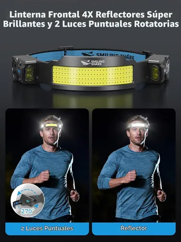 Vista 2 de Smiling Shark Linterna frontal TS-4, foco doble con luz de inundación 4X y linterna de cabeza LED estroboscópica recargable 2400mAh de larga