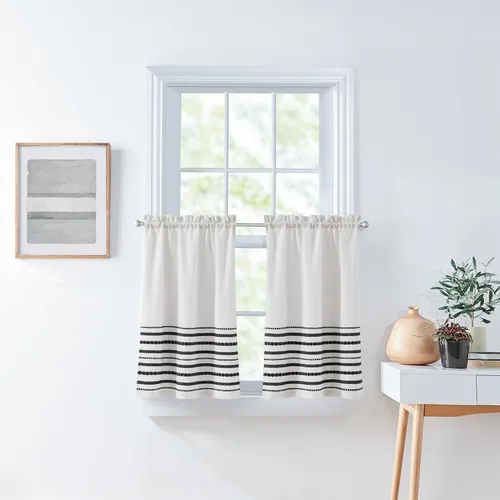 Vista 2 de Curtainworks Juego de cortinas bohemias de cocina con cenefa y cortinas de cocina, filtro de luz, rayas tejidas globales, par de niveles de 28