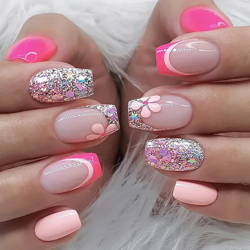 Vista 12 de Uñas postizas medianas con diseño de ataúd SWEKKE a presión, uñas postizas de cobertura completa rosa con diseños de flores, uñas adhesivas C1