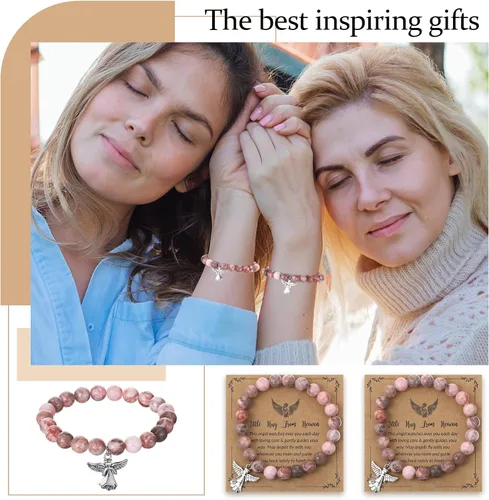 Vista 3 de Quelay Juego de 12 pulseras de ángel con tarjeta de felicitación y bolsa de organza, pulseras inspiradoras de piedra natural rosa inspiradora