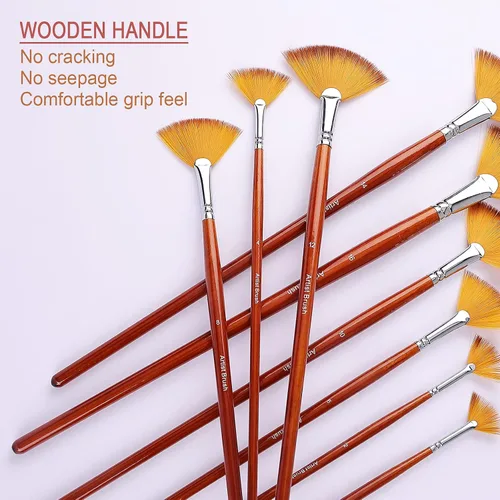Vista 5 de GACDR Juego de 9 pinceles de pintura de abanico para artistas profesionales, juego de pinceles acrílicos con asas largas de madera, pelo de nailon