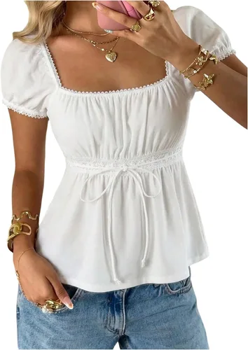 Vista 32 de SOLY HUX Blusa de verano de manga corta para mujer Blanco sólido