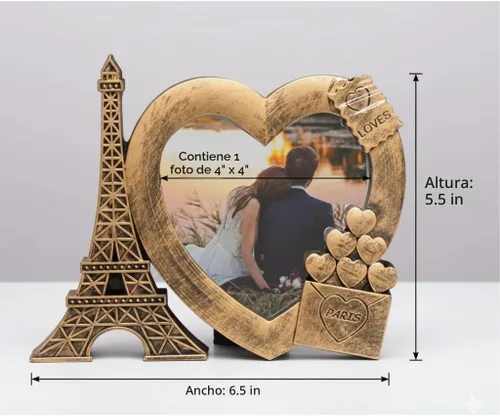 Vista 2 de Marco decorativo de fotos con forma de corazón dorado con temática de París 4 "x 4