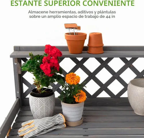 Vista 5 de Best Choice Products Banco para macetas de jardín al aire libre, mesa de trabajo de madera con cajón de gabinete, estante abierto, almacenamiento