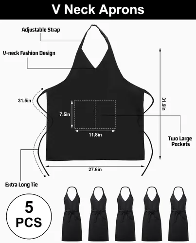 Vista 2 de Liitrsh 5 delantales unisex con cuello en V, 2 bolsillos, delantales de esmoquin ajustables negros con lazo largo en la cintura, delantal formal