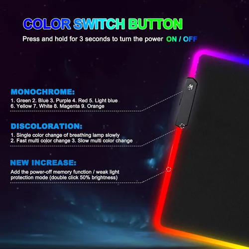 Vista 7 de Alfombrilla de mouse RGB para juegos 14 modos de luz grande extendida para teclado de computadora, búho, alfombrilla de mouse de alto rendimiento