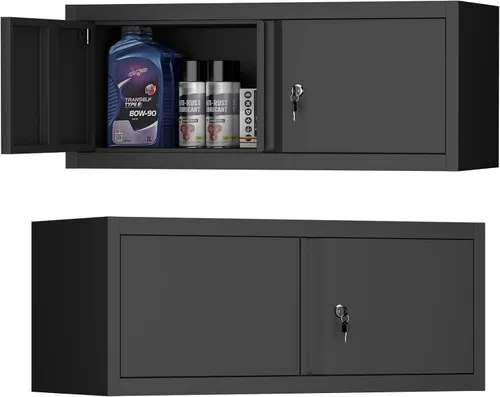 Vista 10 de Gabinete de almacenamiento de metal con cerradura, gabinete de pared de garaje de 12.8" H, almacenamiento de acero con puertas, organización