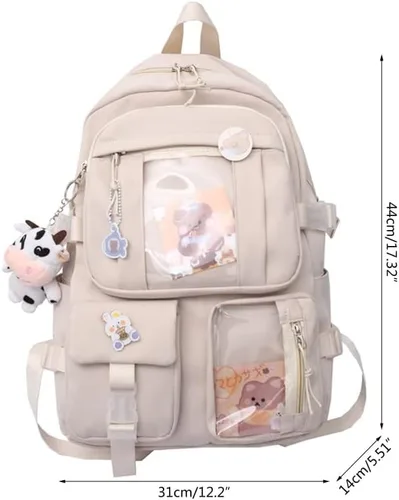 Vista 7 de Mochila Kawaii con bonitos accesorios de alfiler, colgante de felpa, mochila escolar Kawaii linda mochila estética, Verde-2, L, Mochilas tipo mochila