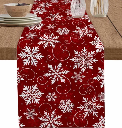 Vista 10 de Camino de mesa de copos de nieve rojos de 36 pulgadas de largo para decoración de mesa de comedor, camino de mesa de lino de algodón lavable, camino