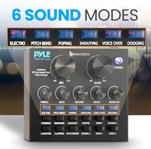 Vista 3 de Pyle Mini mezclador de podcast de audio Bluetooth - Transmisión en vivo para computadora de PC, iPhone, cambiador de voz, tarjeta de sonido V8