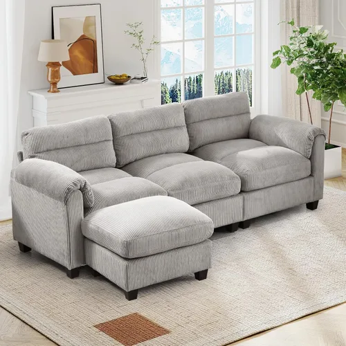 Vista 25 de HAOMARKETS Sofá esquinero modular en forma de L de 115 pulgadas con 2 otomanas móviles, sofás de pana de 8 plazas con cojín grueso para sala de Beige