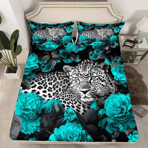 Vista 28 de Erosebridal Juego de sábanas bajeras de rosas rojas y leopardo, tamaño individual, diseño de animales africanos salvajes, diseño de plantas