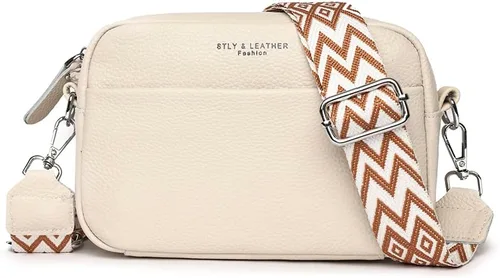 Vista 11 de Bolso cruzado para mujer de cuero genuino con correa ancha, bolso de hombro, bolso de mano, diseño moderno, bolso cruzado para cámara, cierre