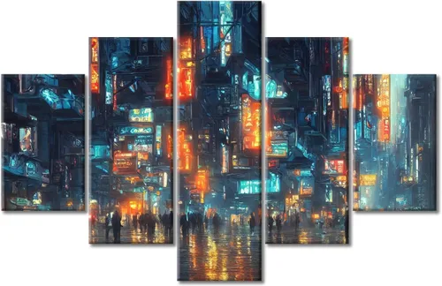 Vista 293 de Cuadros de 5 paneles de Cyberpunk City, arte de pared, representación de vallas publicitarias, edificios modernos en la capital con obras de arte