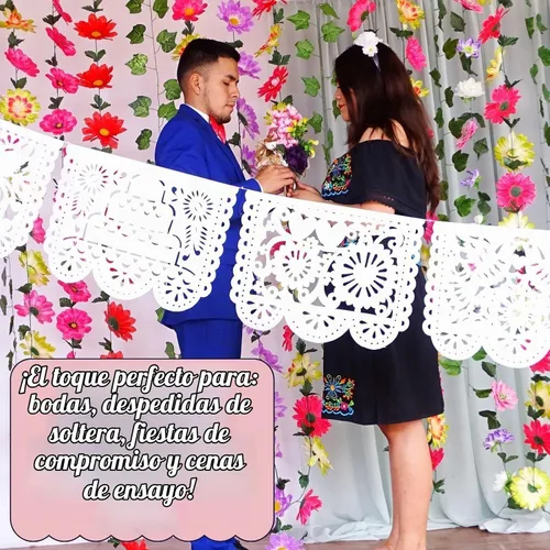 Vista 8 de Guirnaldas de boda de papel picado, decoraciones de boda mexicanas, banderas de papel picado blanco para bodas, despedidas de soltera, pancartas