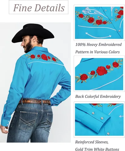 Vista 2 de KINGBEGA Camisas bordadas de manga larga para hombre, ajuste delgado, casual, con botones