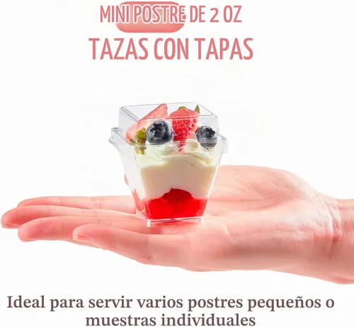 Vista 4 de Mini tazas de postre de 2 onzas con tapas y cucharas, paquete de 100 vasos de plástico para postres pequeños vasos cuadrados para servir fiestas