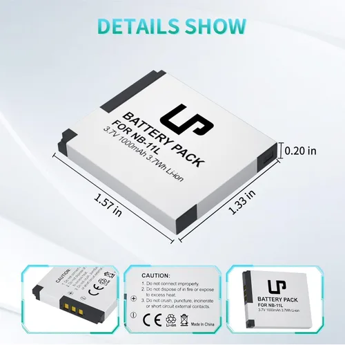 Vista 4 de LP Batería NB-11L, paquete de 2 baterías de 1000 mAh compatibles con Canon PowerShot A2300, A2400, A2500, A2600, A3400 es, A3500 es, A4000 es, ELPH