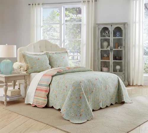 Vista 23 de Waverly Forever Peony - Juego de edredón de 4 piezas, 100% algodón, estampado floral de bayas, tamaño matrimonial/queen, con 2 fundas de almohada