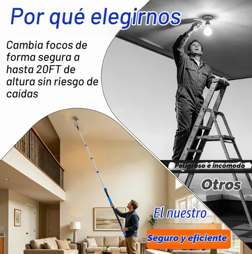 Vista 6 de Cambiador de bombilla de alcance de 28 pies para techos altos con poste, cambiador de poste de extensión de bombilla de 5 a 20 pies con cestas