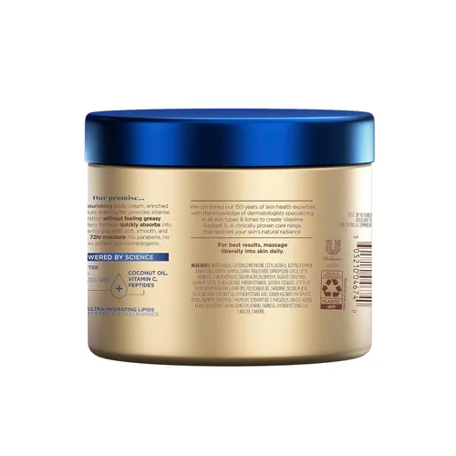 Vista 2 de Crema corporal Vaseline Radiant X Nutrición profunda con manteca de karité 100% pura, aceite de coco, vitamina C y péptidos 10 oz