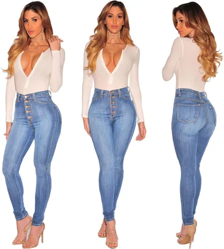 Vista 4 de Pantalones de mezclilla de talle alto con botones y curvas para mujer pantalones ajustados de mezclilla suave con botones para jóvenes cintura súper