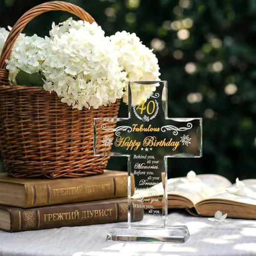 Vista 7 de Regalos de 40 cumpleaños para mujeres y hombres, soporte de cruz de vidrio grabado con 40 y fabulosos regalos religiosos para ella, ideas de regalos