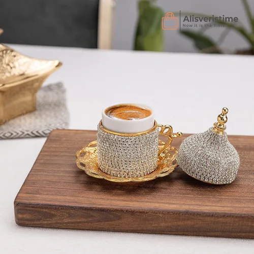 Vista 4 de Alisveristime Juego de café turco adornado con cristal, 27 piezas, tazas decorativas de Zamac para espresso, platillos y azucarero con bandeja