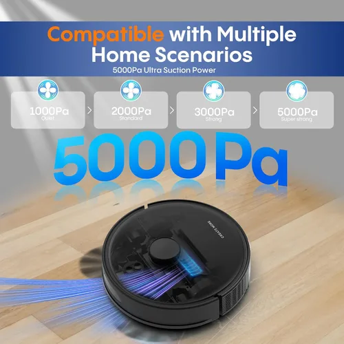 Vista 6 de Robot aspirador y trapeador, robot aspirador con succión de 5000 Pa, navegación LiDAR 3 en 1, mapeo del hogar, zonas prohibidas, hasta 60 días