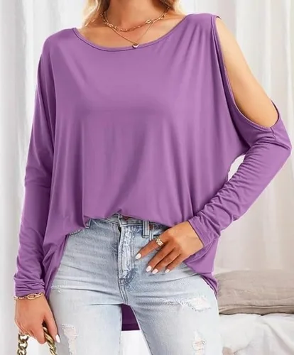 Vista 4 de ONDIAN Women's Cold Shoulder Long Sleeve Tunic Tops Loose Casual Off Asymmetrical Oversized Shirts Blouses Boat Neck Tunics