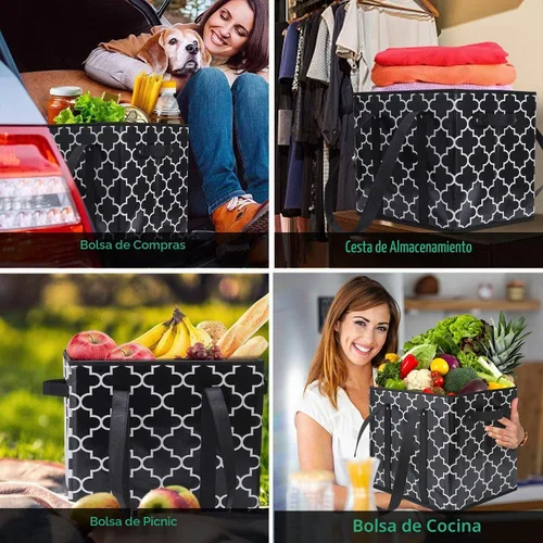 Vista 2 de Bolsas reutilizables para comestibles, paquete de 2 unidades, plegable, lavable, cesta de almacenamiento grande, color negro
