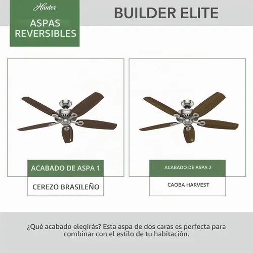 Vista 5 de Hunter Builder Elite, Ventilador de techo, para interiores, 52 pulgadas, níquel cepillado Sin luz, montaje estándar, cadena de tracción, 5