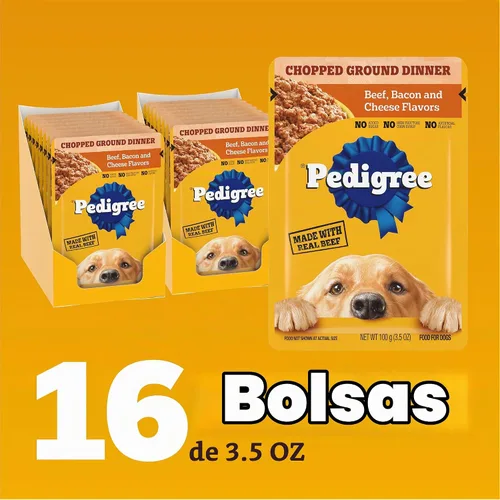 Vista 4 de Pedigree - Bolsa de comida húmeda para perros, carne de res y tocino, 3.5 onzas, 16