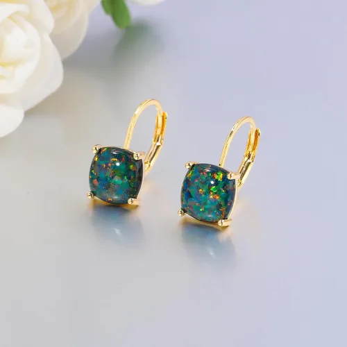 Vista 6 de CiNily Aretes colgantes para mujeres y niñas, hipoalergénicos, chapados en oro de 14 quilates, aretes con dije cuadrado de ópalo, aretes de palanca