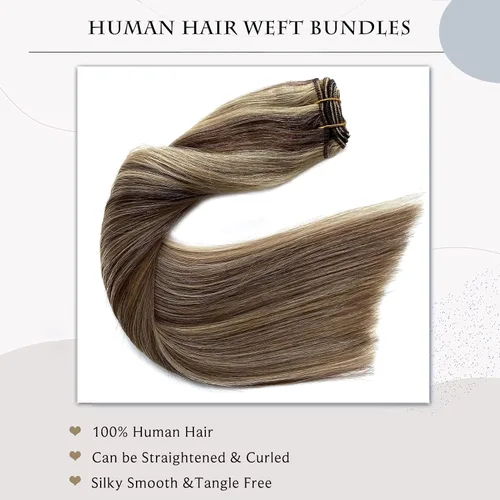 Vista 4 de Extensiones de cabello humano real, balayage, color castaño ceniza a rubio miel, extensiones de cabello humano con reflejos, 14 pulgadas, 2.82 oz