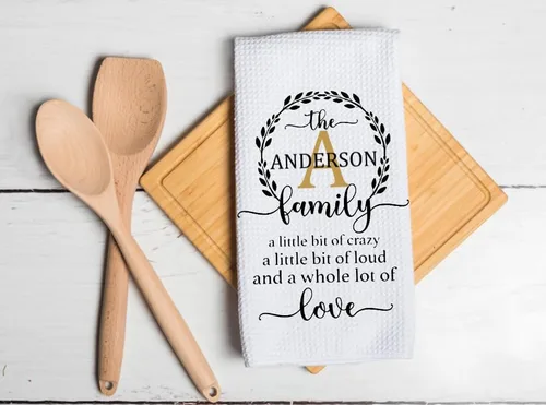 Vista 2 de Family Monogram - A Little Bit Of Crazy - Kitchen Towel - Personalized with any name. Microfiber White Waffle Weave Towel. 16 x 24 in. Absorbent, No