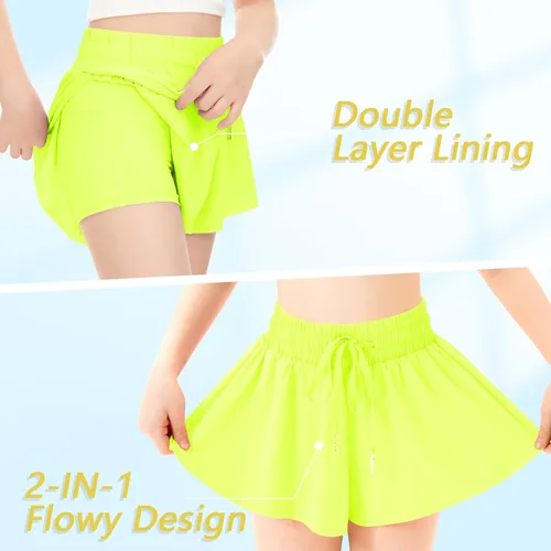 Vista 4 de Pantalones cortos fluidos de mariposa con bolsillo 2 en 1 para correr, pantalones cortos deportivos para niños, entrenamiento activo, animadoras