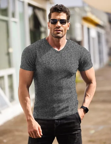 Vista 2 de COOFANDY Camisetas musculares elásticas de manga corta con cuello en V para hombre, camisetas de entrenamiento de culturismo, camisa de punto